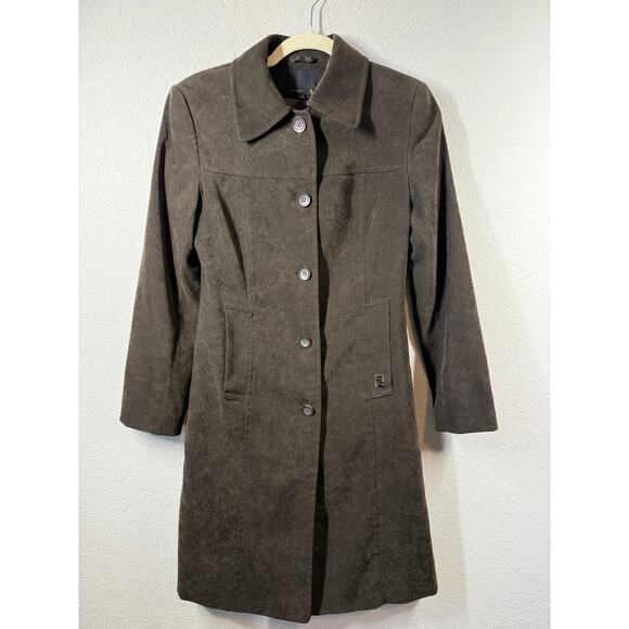 Women's VIntage Faux Suede Brown Long Button Front Coat Size 6 - Picture 2 of 8